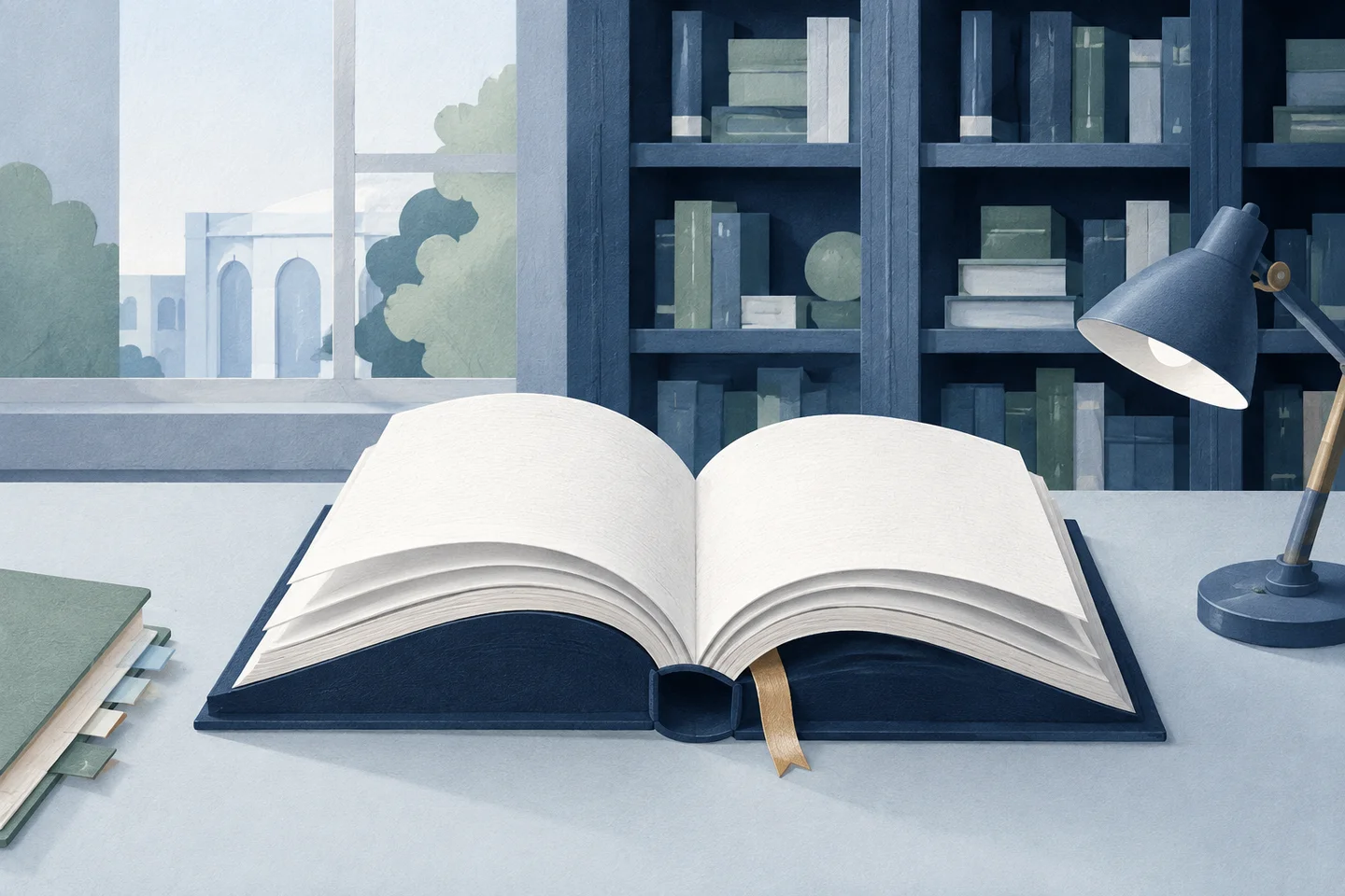 An illustrated law reference book and notebook beside a reading lamp in a library